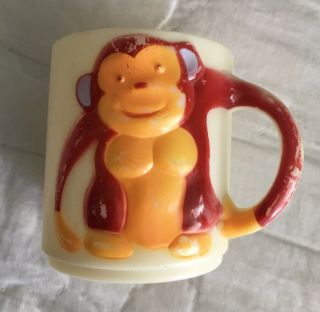Vintage Childs White Plastic 3 Inch Cup Mug Brown Monkey Tail Handle