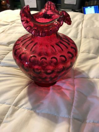 Vintage Fenton Country Cranberry Art Glass Ruffle Trim Dot Large Vase Bowl