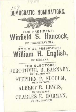 Civil War General Winfield Scott Hancock Ballot For U S President 1880