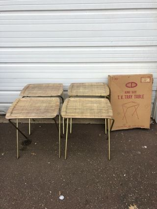Vintage Mid Century Modern Dinner Tv Trays Stand Set Of 4 Cane Style Gold