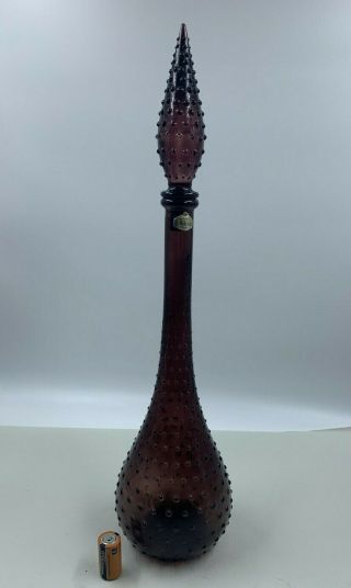 Vtg Guildcraft Purple Amethyst Hobnail Glass Decanter 23 " Genie Bottle W/ Label