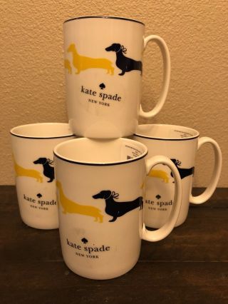Kate Spade Set Of 4 Wickford Dachshund Yellow 10 Oz Mugs Coffee Cup Rare