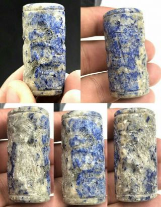 Sassanian Old Lapis Lazuli Stone Kings Horse Bird Seal Roll Intaglio Bead