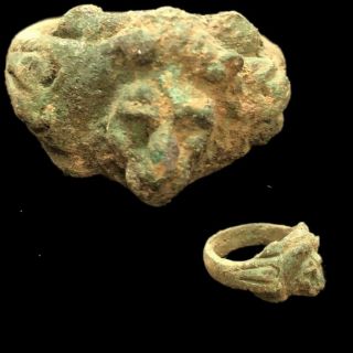 Ancient Roman Bronze Lion Bust Ring - 200 - 400 Ad (13)