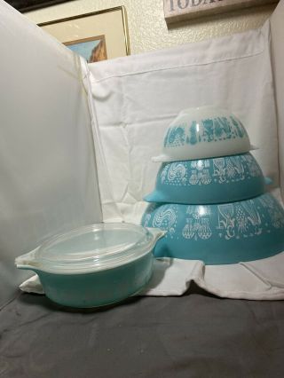 Vintage Pyrex Amish Butterprint Mixing/ Nesting Bowls & Casserole Dish W/cover
