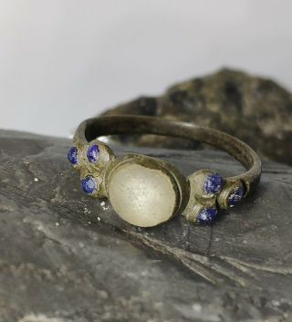 Ancient Bronze Ring With White And Blue Insert Rare
