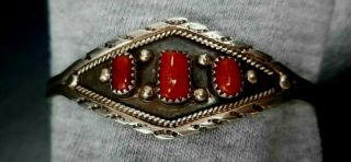 Vintage Old Pawn Navajo Sterling Silver And Fine Red Coral Cuff Bracelet Vb