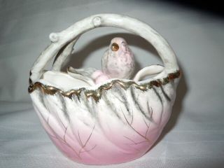 Vintage Ceramic Hand - Painted Bird And Berries On Basket Planter,  24k Trim,
