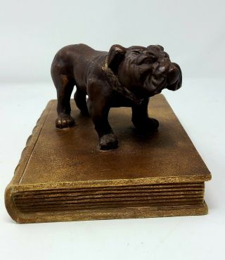 Vintage Heavy Bronze French Bulldog Statue Figurine With Book Base 8.  5x7x6