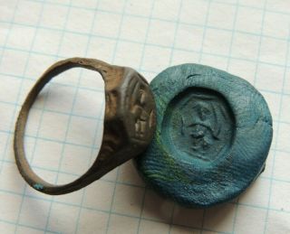 Ancient Bronze Ring Viking Seal With A Warrior