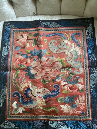 Antique Vtg Chinese Square Silk Embroidery Panel Forbidden Stitch Flowers Moths