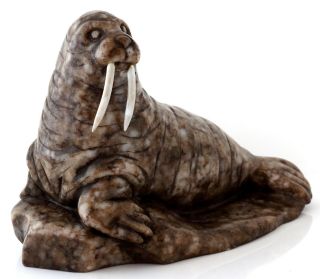 Walrus Calcite Stone Sculpture Hand Carved Russian Art Animal Figurine 5.  5 "