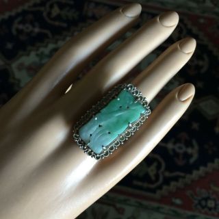 Vtg Chinese Export Atq Carved Apple Green Jadeite Jade Silver Filigree Ring