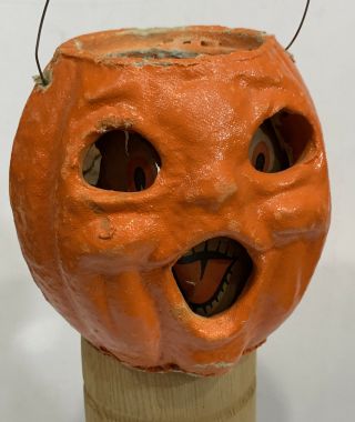 Vintage Double Face Halloween Paper Mache Pulp Pumpkin Jack O Lantern W/ Insert