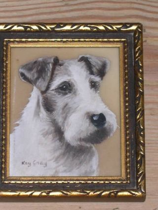 Antique Wire Haired Fox Terrier Dog Oil Painting Kay Gray Hamilton Studio 1950