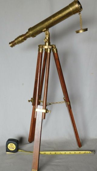 Antique Vtg Telescope Tripod Brass Mahogany Spyglass Table Top Wood Maritime