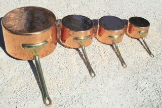 Vintage Villedieu Hammered Copper Saucepan Set 4 Tin Lined Bronze Handles 5.  1lbs