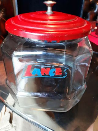 Vintage 8 Sides Lance Cracker Store Counter Glass Jar W/ Red Metal Lid 6.  5 By 7