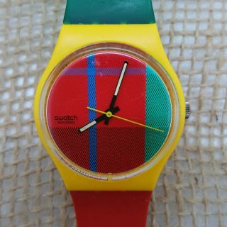 Vntg 1985 Swatch Watch Wristwatch Mcgregor Plaid Red Green Yellow Runs