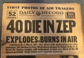 Hindenburg Zeppelin Disaster Boston Daily Record Newspaper 5 - 7 - 37