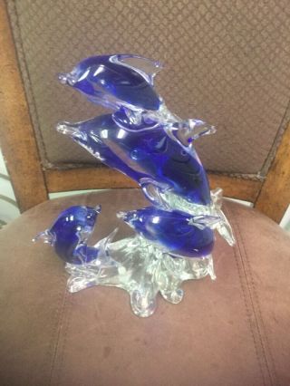 Colbalt Blue Glass Dolphins Riding The Waves