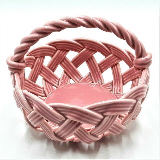 Vintage Open Weave Round Pink Ceramic Basket With Twisted Handle Taiwan