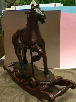 Vintage 1930’s Hand Carved Wood Rocking Horse Brass Stirrups,  Horse Hair Tail