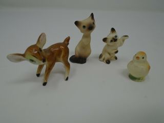 Vintage Miniature Deer,  Chick,  And Two Siamese Cats Figurines
