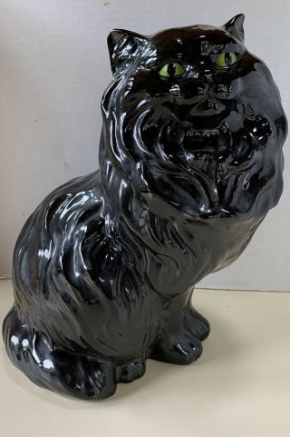 Vintage Large 14 " Mid Century Ceramic Black Persian Cat Kitty Statue Green Eyes
