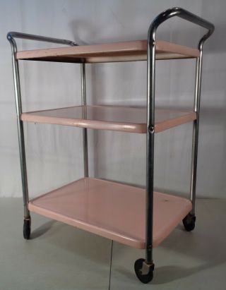 Vtg Mid Century Modern Cosco Pink 3 Tier Rolling Kitchen Cart Stand Retro 1960 