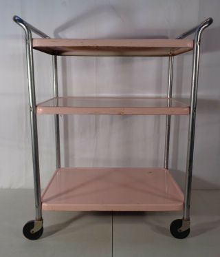 VTG Mid Century Modern Cosco Pink 3 Tier Rolling Kitchen Cart Stand Retro 1960 ' s 2