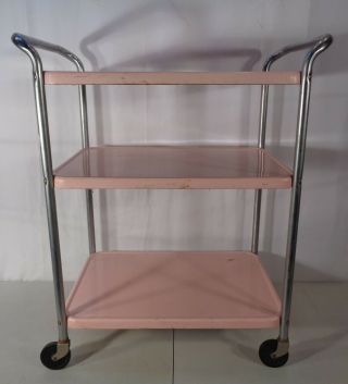 VTG Mid Century Modern Cosco Pink 3 Tier Rolling Kitchen Cart Stand Retro 1960 ' s 3