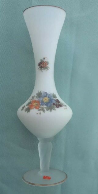 Norleans Made In Italy Frosted Glass Vase With Pedestal Hand Painted Flowers Euc