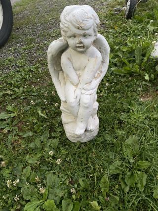 Vintage Cement Cherub Angel Sitting Pedestal Garden Statue - Right - Great Patina