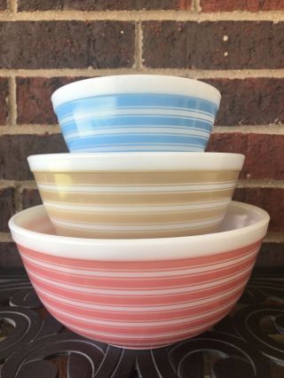 Htf Vintage Pyrex Rainbow Stripe 401 402 403 Mixing Bowl Set Of 3 Pink Tan Blue