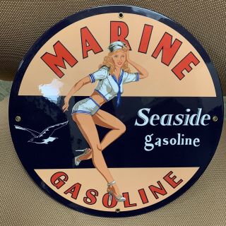 Vintage Seaside Marine Gasoline W/ Pin Up Girl 11 3/4 " Porcelain Metal Oil Sign