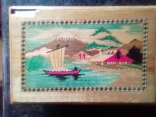 Vintage Japanese Wooden Stash Box Mt.  Fuji Hidden Lock 12