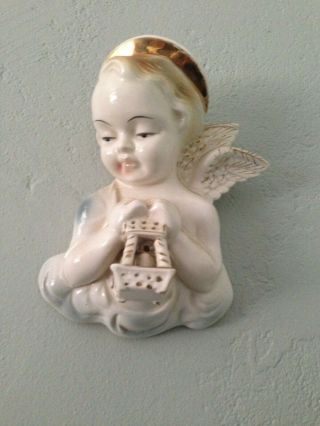 Vintage Ceramic Wall Hanging Angel Cherub With Lantern