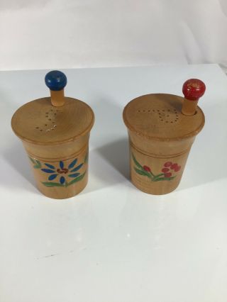Vintage Wood Salt And Pepper Shakers Hand Painted With Flowers