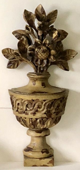 Vintage Signed Hand Carved Hard Wood Painted Topiary Flower Urn Wall Decoration