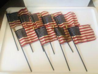 9 Small Vintage 48 Star Us Cotton American Flags On Wooden Poles W/ Finials
