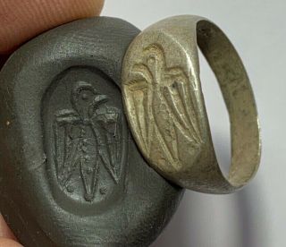 Ancient Byzantine Ar Silver Seal Ring Depicting Eagle Ca 700ad (inner 20mm)