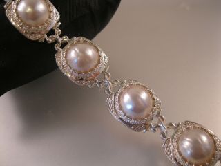 Vintage Mabe Pearl Sterling Silver Link Bracelet Designer Signed Hong Kong 7 5/8