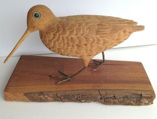 Vintage Wood Hand Carved Sand Piper Shore Bird Decoy On Wood Stand
