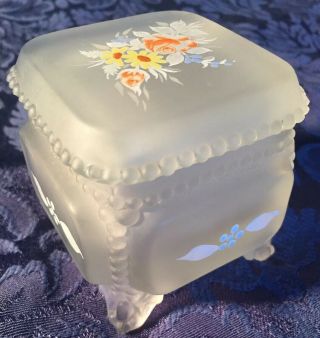 Westmoreland Satin Glass Trinket Box Misty Daisy Hand Painted Beaded Edge