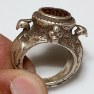 Very Rare Ancient Islamic Silver Ring With Eagles - Intaglio Circa 500 - 1000 Ad
