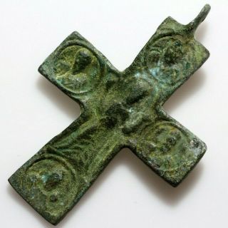 Circa 500 - 1000 Ad Ancient Byzantine Bronze Christian Cross Pendant - Wearable