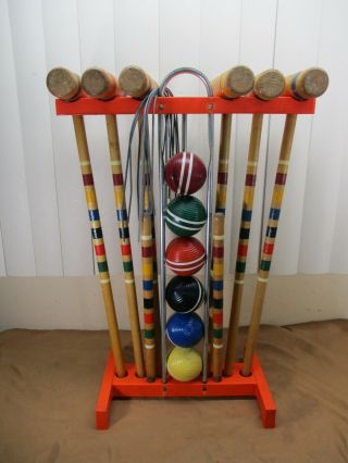 Vintage 6 - Player Croquet Set Mallets,  Balls,  Wickets,  Stakes & Stand - Complete -