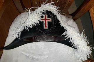 Antique Masonic Knights Templar Hat Red Cross Ostrich Feathers W/bl Sz S 21 3/8 "