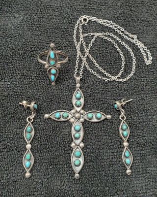 Vintage Native American Jewelry Zuni Inlay Silver Turquoise Cross Necklace Etc